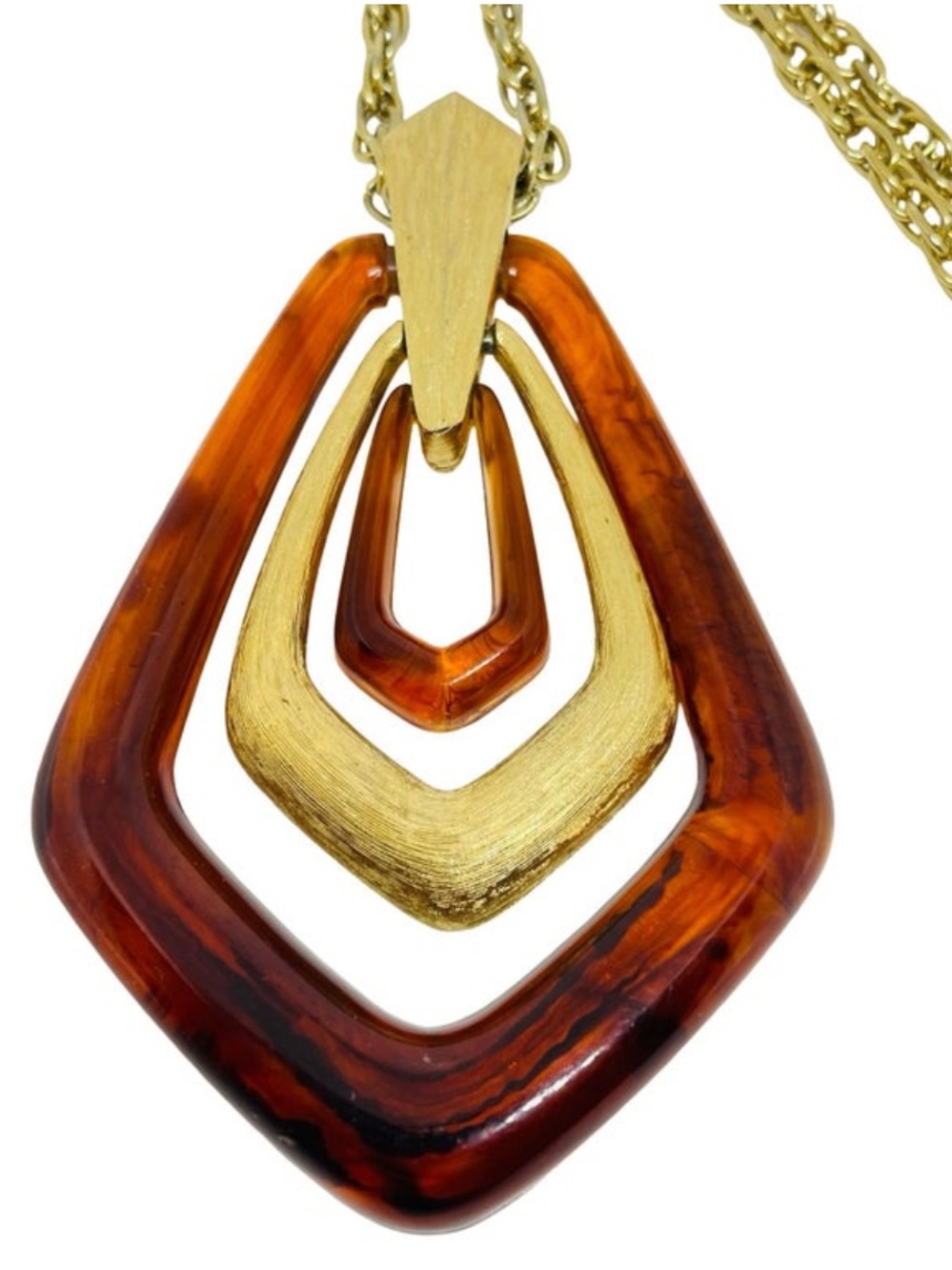 Gold and Amber Lucite Modernist Designer Layered Geometric Pendant Necklace